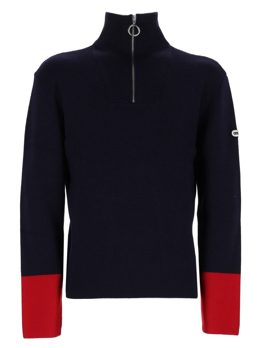 Ami Paris Men's Zip Wool Ribbed Sweater Blue