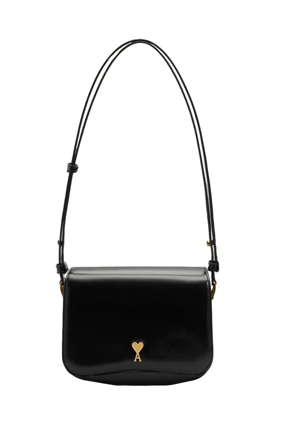 Black glossy leather crossbody bag with gold heart-shaped logo from Ami Paris unisex Paris Paris bag black collection