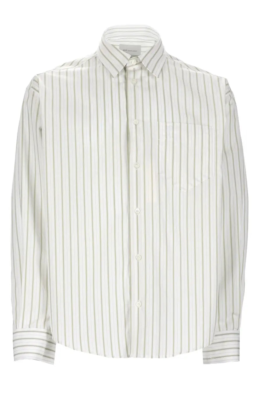 Ami Paris unisex cotton shirt in white with thin vertical gray stripes and a classic collar
