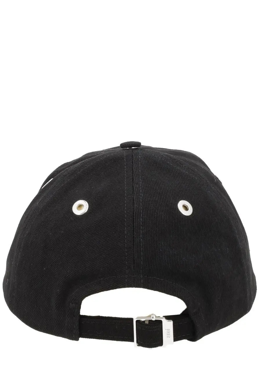 Ami Paris unisex black corduroy baseball cap with silver eyelets and metallic buckle visible from the back side