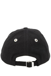Ami Paris unisex black corduroy baseball cap with silver eyelets and metallic buckle visible from the back side