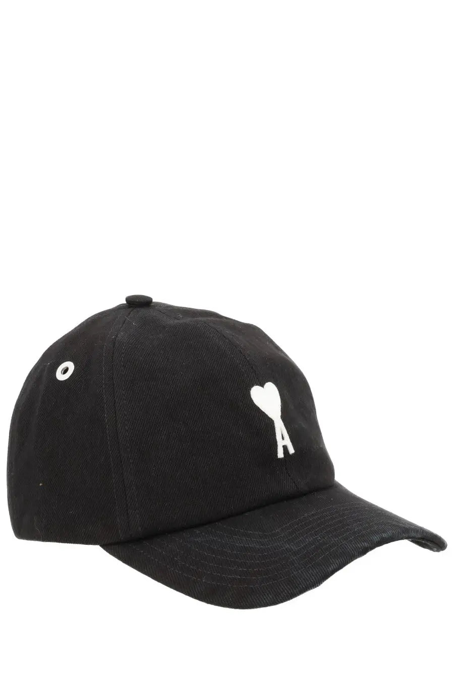 Black cotton baseball cap by ami paris with white heart logo and a stitched below it unisex design