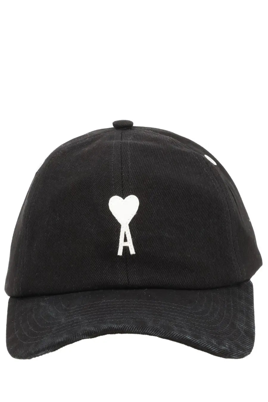 Black cotton baseball cap by Ami Paris featuring a white embroidered heart with an a inside