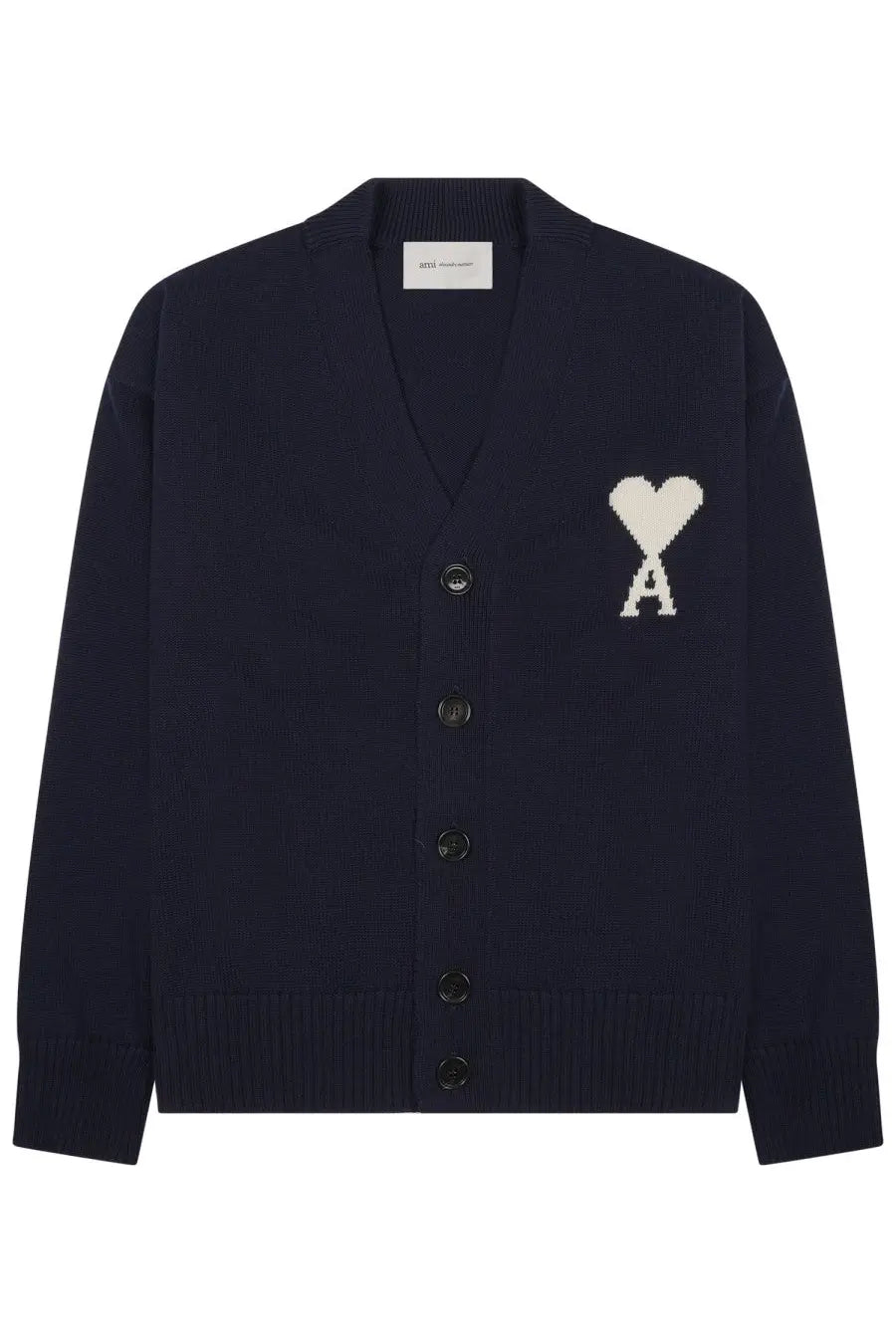 Navy blue knit Ami Paris unisex cardigan with white heart and letter a embroidered on the left chest