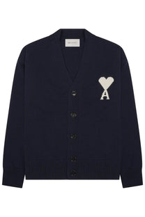 Navy blue knit Ami Paris unisex cardigan with white heart and letter a embroidered on the left chest