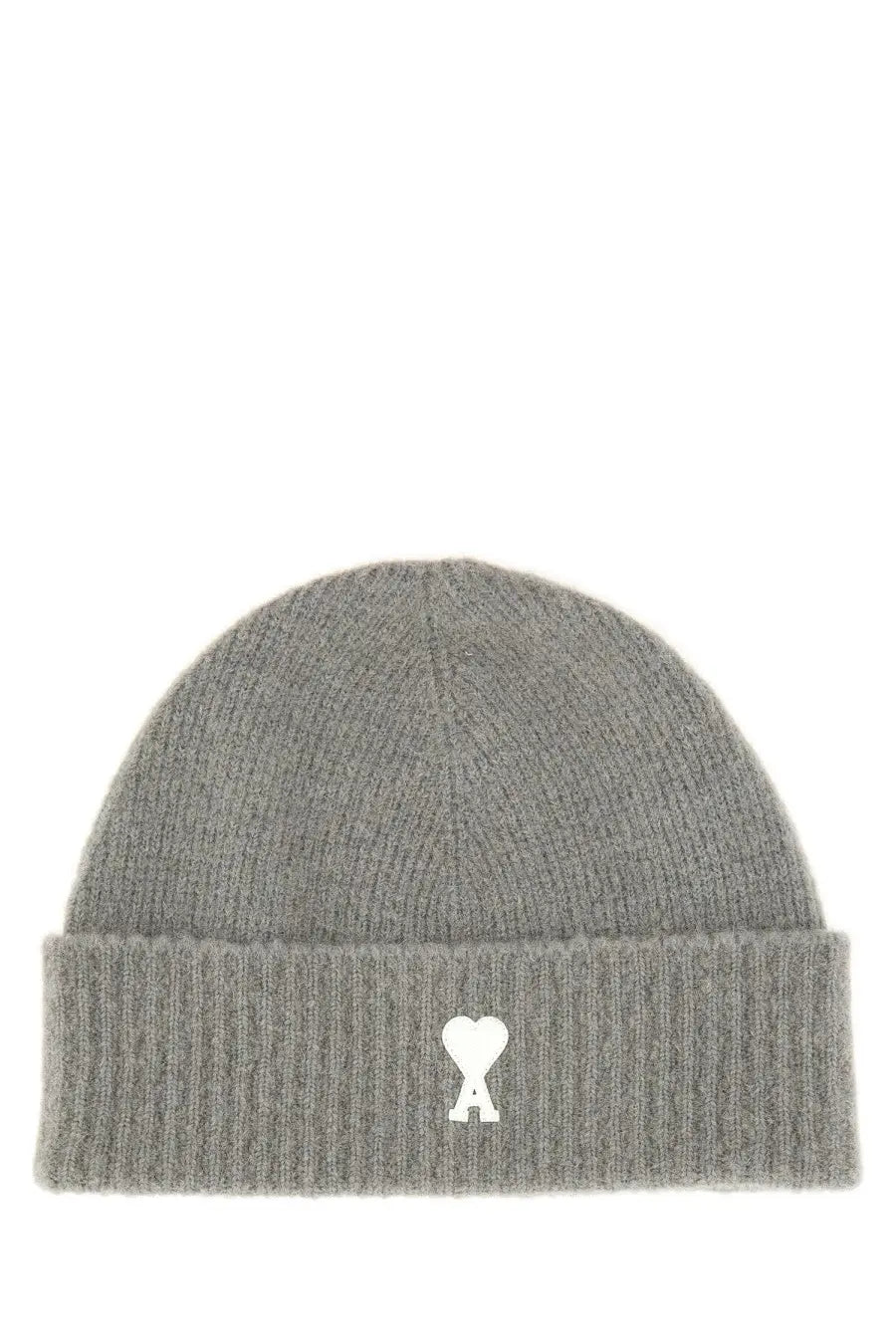 Ami Paris unisex gray ribbed knit beanie with a white heart shaped logo embroidered on the folded brim