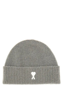 Ami Paris unisex gray ribbed knit beanie with a white heart shaped logo embroidered on the folded brim