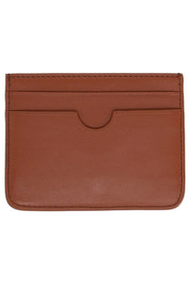 Ami Paris unisex brown leather card holder with stitched edges and a single curved slot for cards