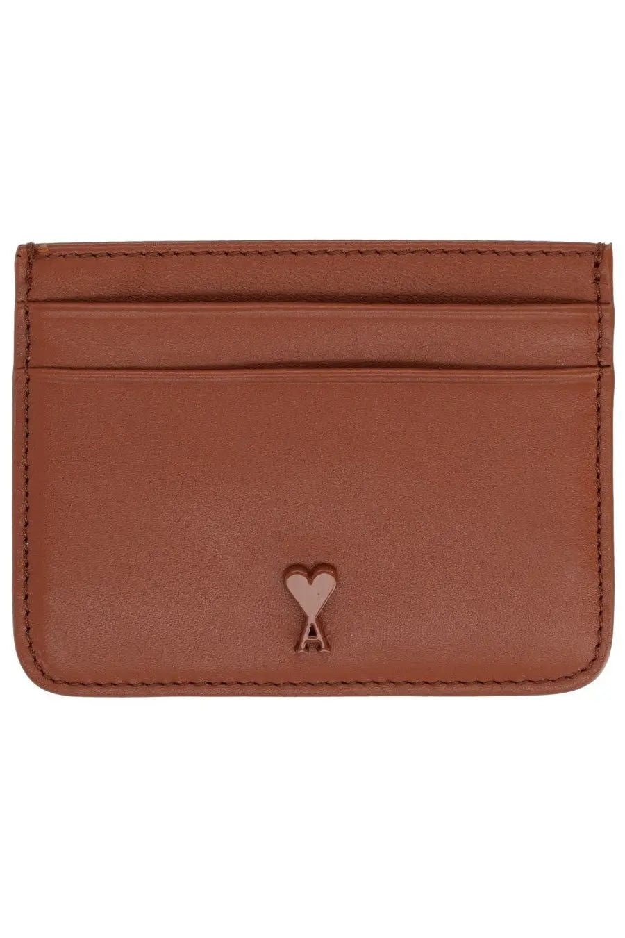 Ami Paris unisex brown leather card holder with a subtle heart-shaped logo embossed at the center