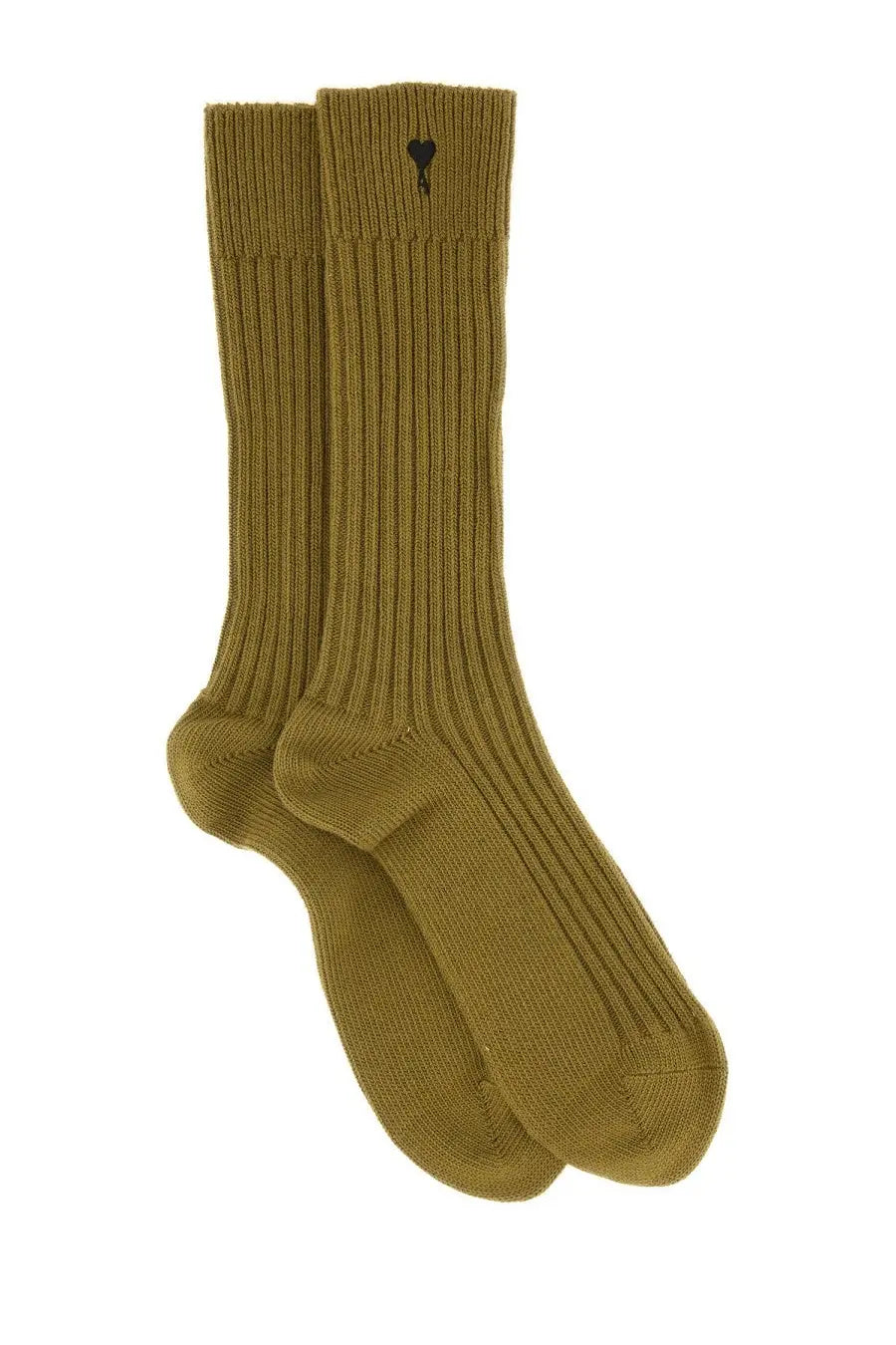 Ami paris unisex high socks in olive green ribbed knit with black heart embroidery at the ankle