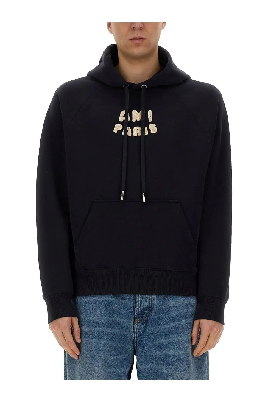 Black ami paris unisex hoodie with beige embroidered lettering and silver-toned drawstring tips in blue design