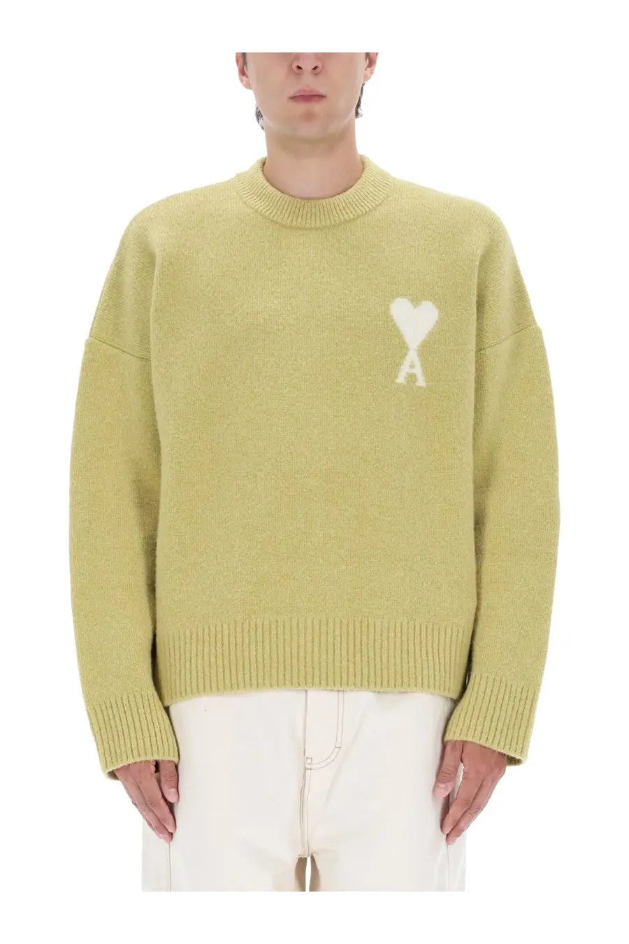 Ami Paris unisex jersey pale green ribbed knit sweater with white embroidered heart and a on left chest