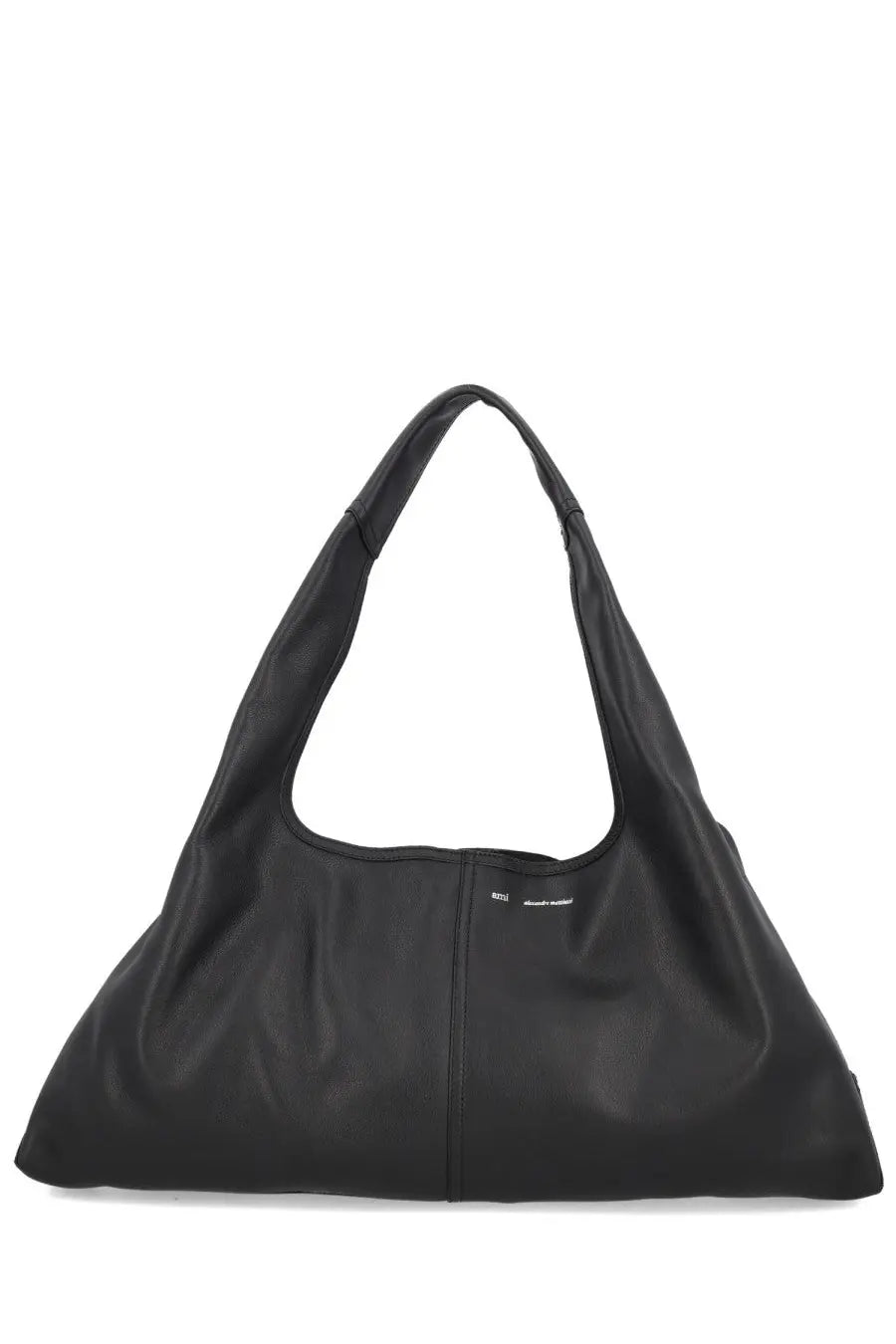 Black leather shoulder bag with minimalist design and subtle branding on the front by ami paris unisex leather bag black