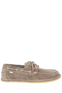 Beige suede boat shoe with white stitching and laces from ami paris unisex mocassino in suede grey collection