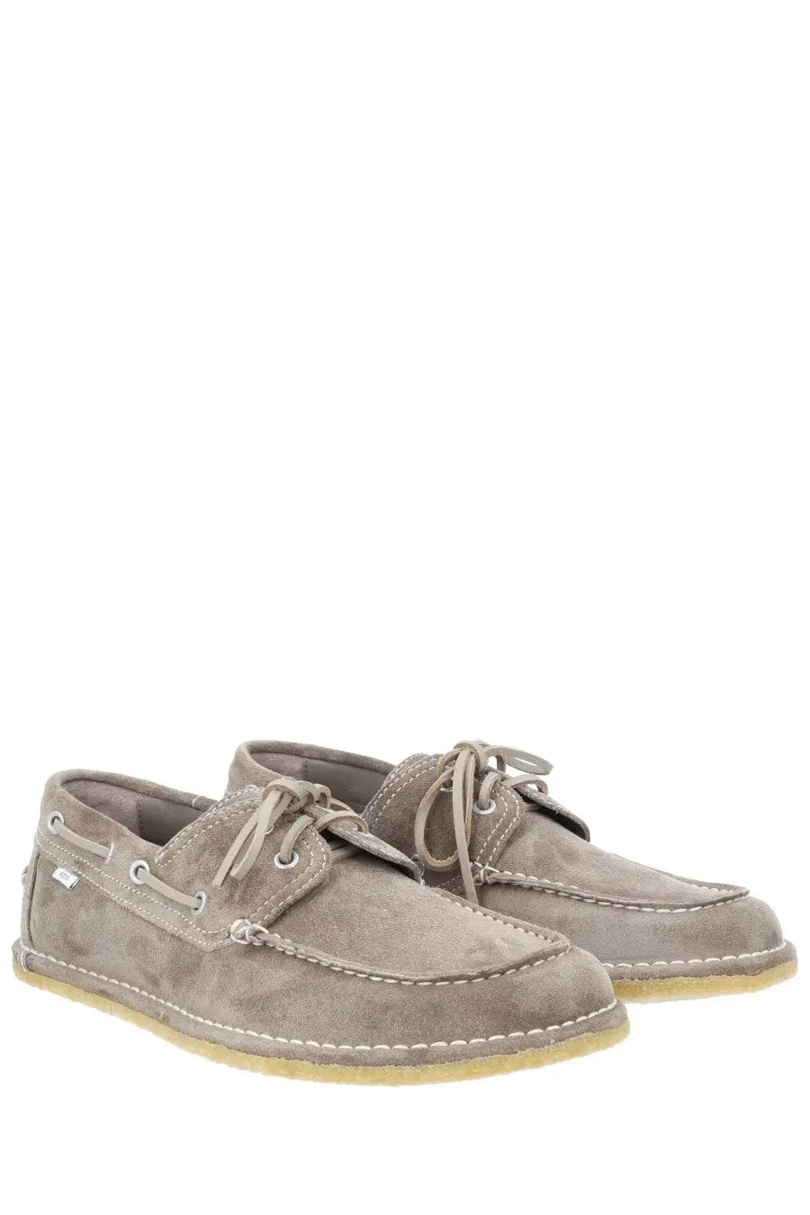 Beige suede Ami Paris unisex mocassino boat shoes with light laces and white stitching in suede grey