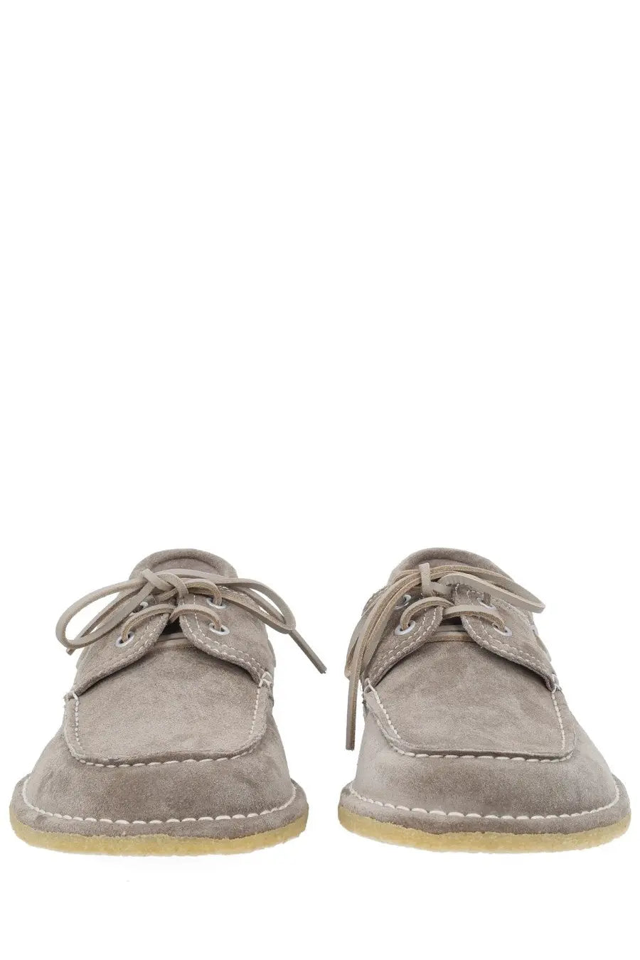 Beige suede boat shoes with subtle pattern and white stitching from Ami Paris unisex mocassino in suede grey