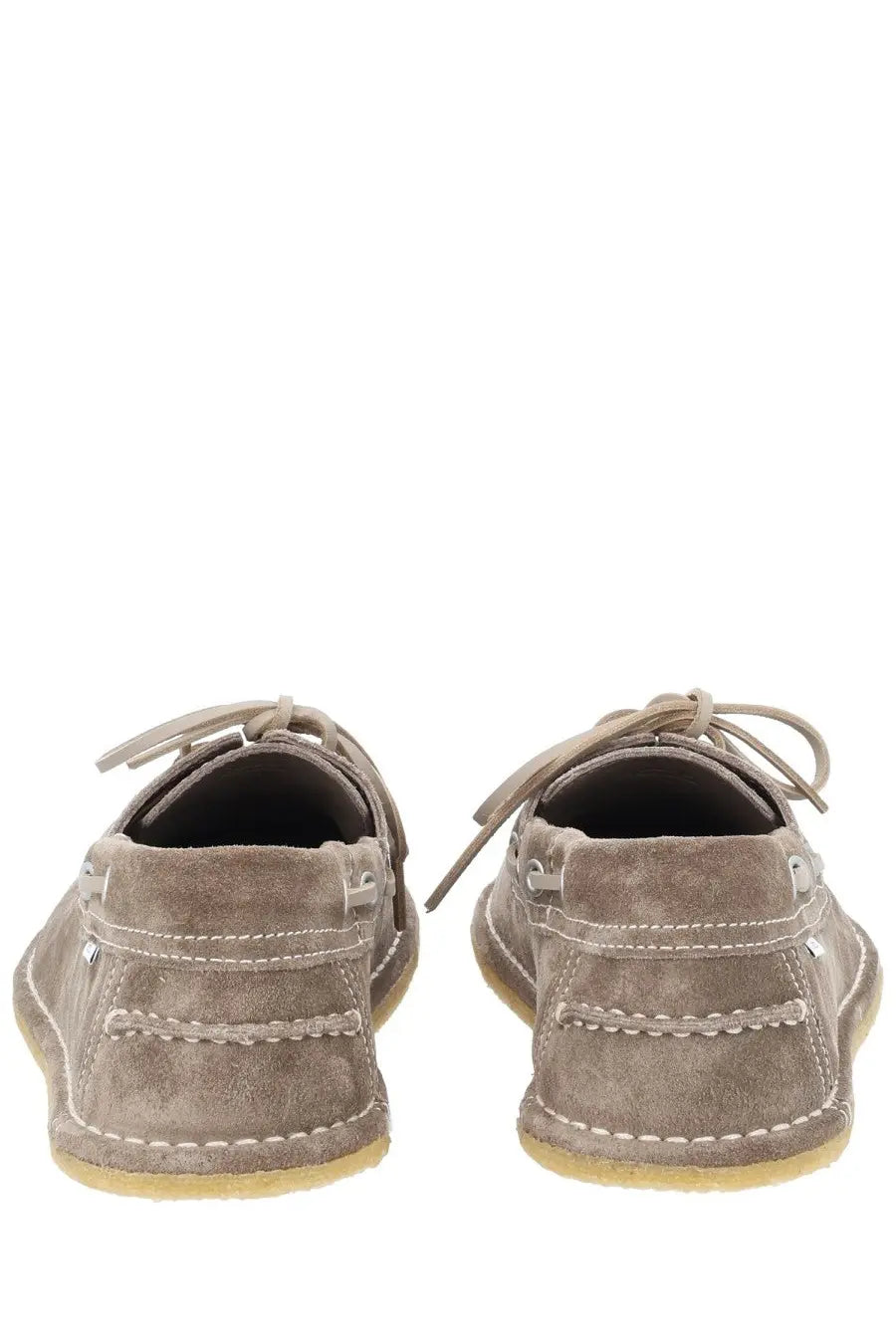 Ami Paris unisex mocassino boat shoes in grey suede with white stitching and light-colored laces