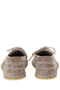 Ami Paris unisex mocassino boat shoes in grey suede with white stitching and light-colored laces