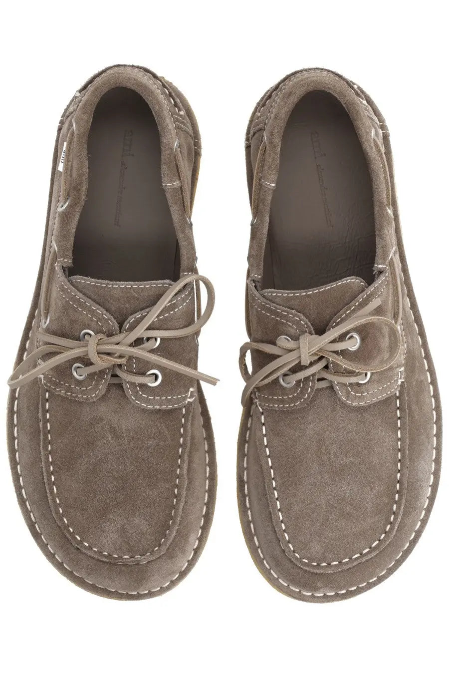Ami Paris unisex mocassino gray suede boat shoes with white stitching and matching laces on a white background