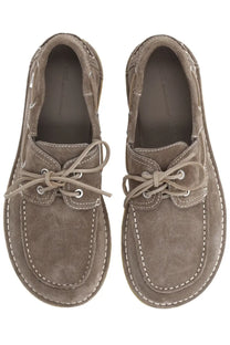 Ami Paris unisex mocassino gray suede boat shoes with white stitching and matching laces on a white background