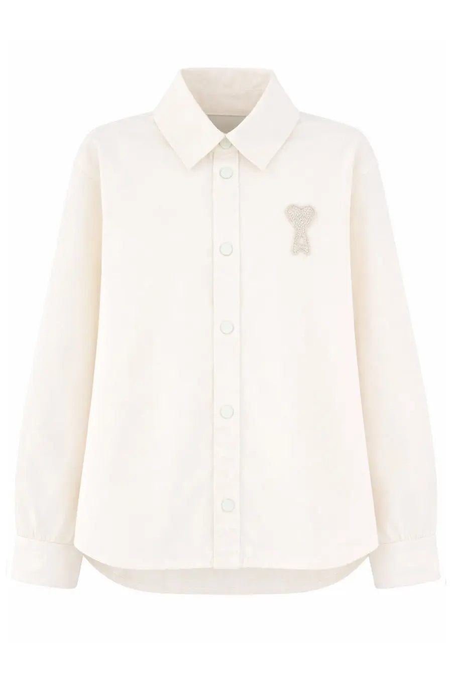 Cream-colored ami paris unisex overshirt with long sleeves and subtle embroidered bear motif on left chest