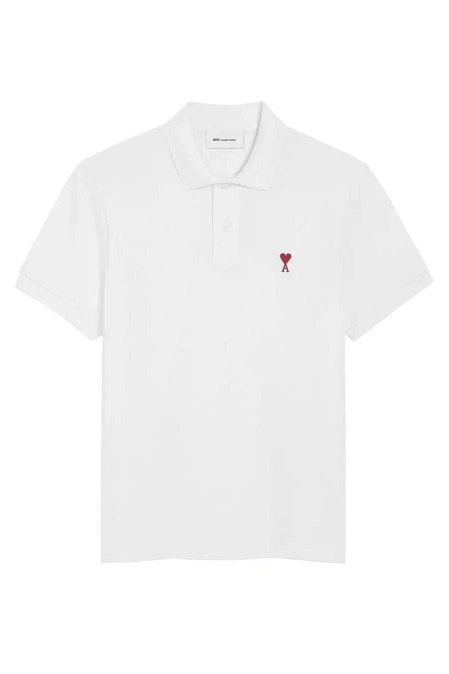 Ami Paris unisex white short-sleeved polo shirt with a small red embroidered heart logo on the left chest