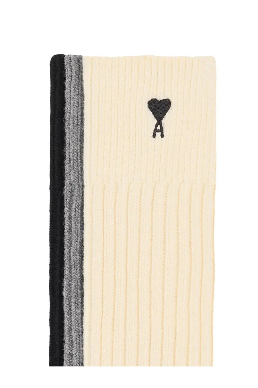 Ami Paris unisex cream ribbed sock with black embroidered heart logo and black gray striped cuff multicolor set