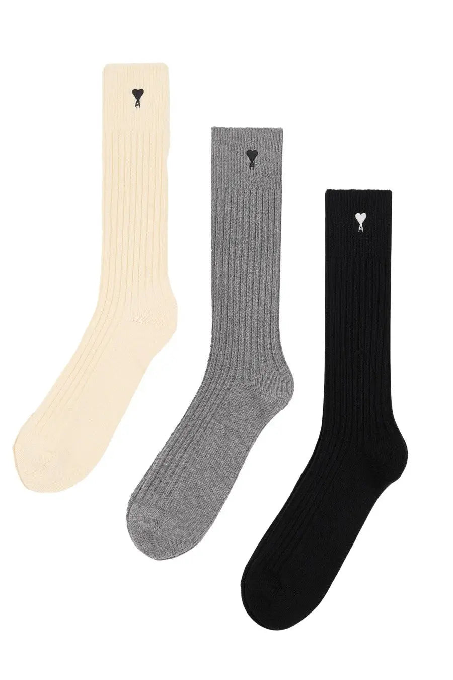 Ami Paris unisex set of three ribbed crew socks in cream gray and black with a heart logo at the top