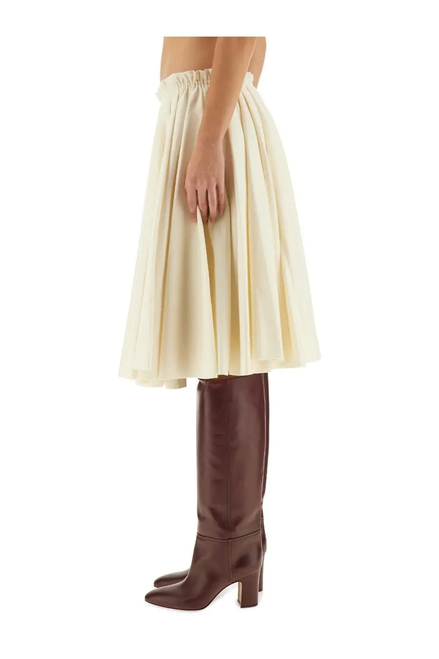 Ami Paris women’s corolla midi skirt beige cream-colored pleated flowing skirt with elastic waistband front view