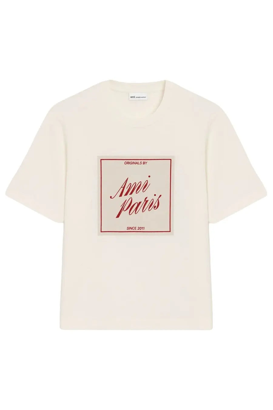 Cream-colored ami paris women’s cotton t-shirt with red framed patch featuring cursive logo and since 2011 text