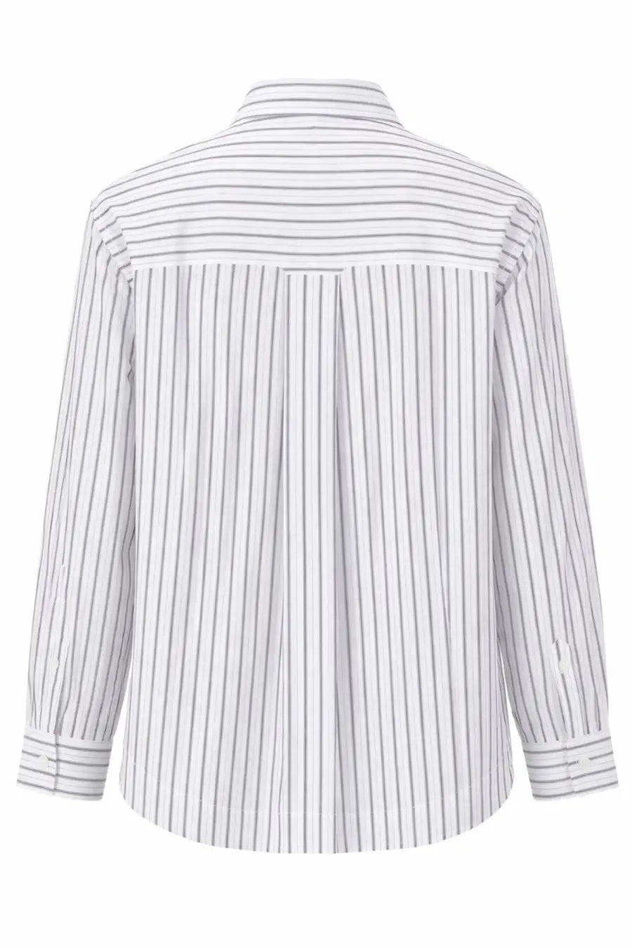 Ami Paris women’s cotton shirt white with crisp white fabric and fine dark gray vertical stripes and classic collar