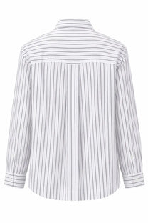 Ami Paris women’s cotton shirt white with crisp white fabric and fine dark gray vertical stripes and classic collar