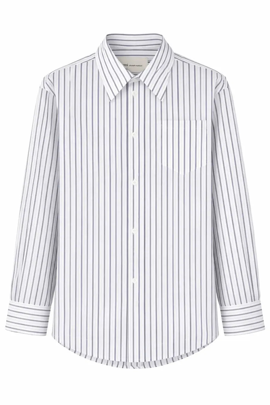 Ami Paris women’s cotton shirt with crisp white and navy blue vertical stripes and classic collar long sleeves