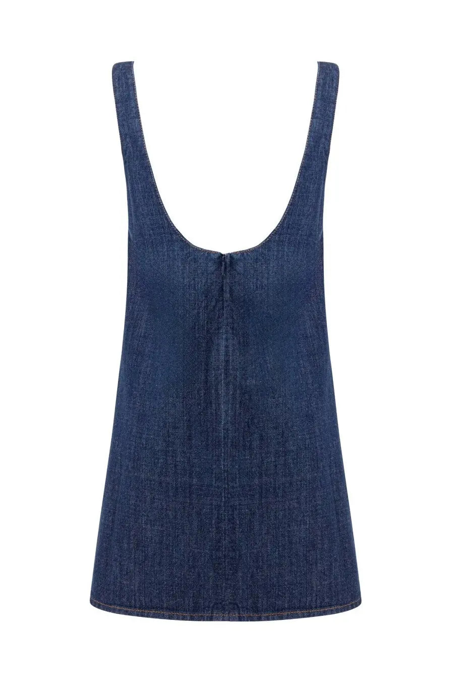 Ami Paris women’s blue denim mini dress featuring a deep blue denim tank top with wide neckline and straight hem