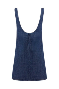 Ami Paris women’s blue denim mini dress featuring a deep blue denim tank top with wide neckline and straight hem
