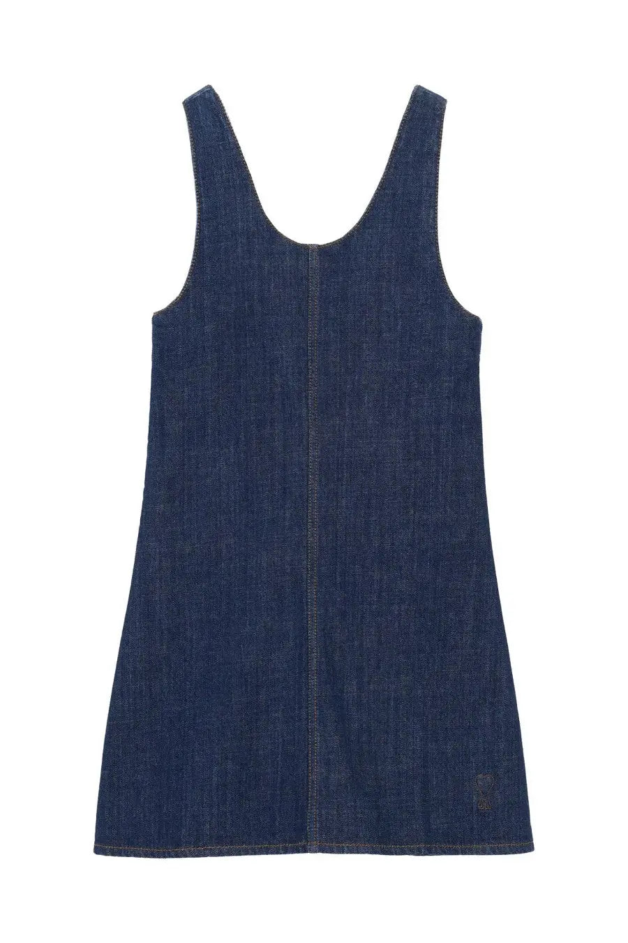 Ami Paris women’s navy blue denim mini dress back view with sleeveless design and visible center seam stitching