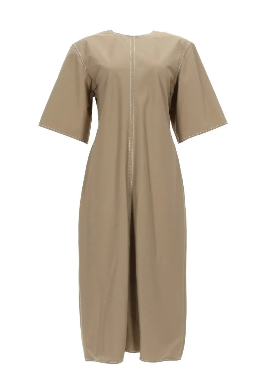 Ami Paris women’s fitted midi dress beige with short sleeves and subtle contrast stitching along front seam