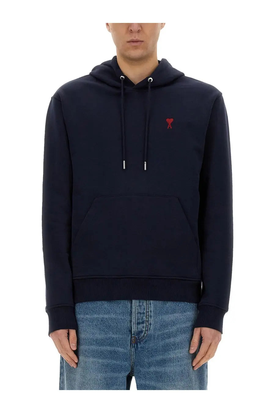 Ami Paris women’s navy blue cotton hoodie with red embroidered logo on chest and white aglets on drawstrings
