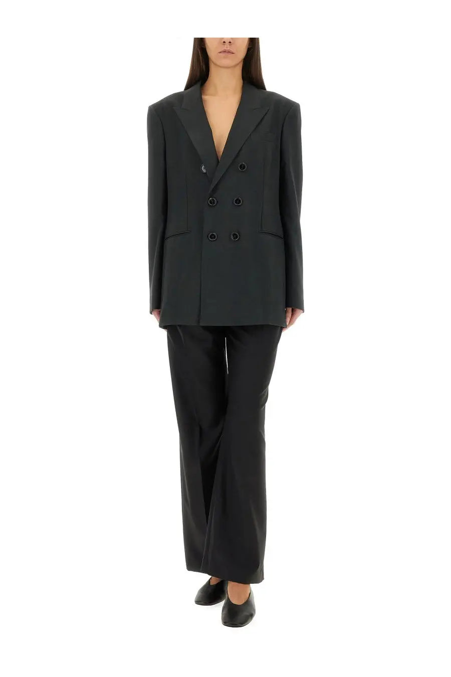 Ami Paris women’s black double-breasted blazer with six buttons structured shoulders and matte finish