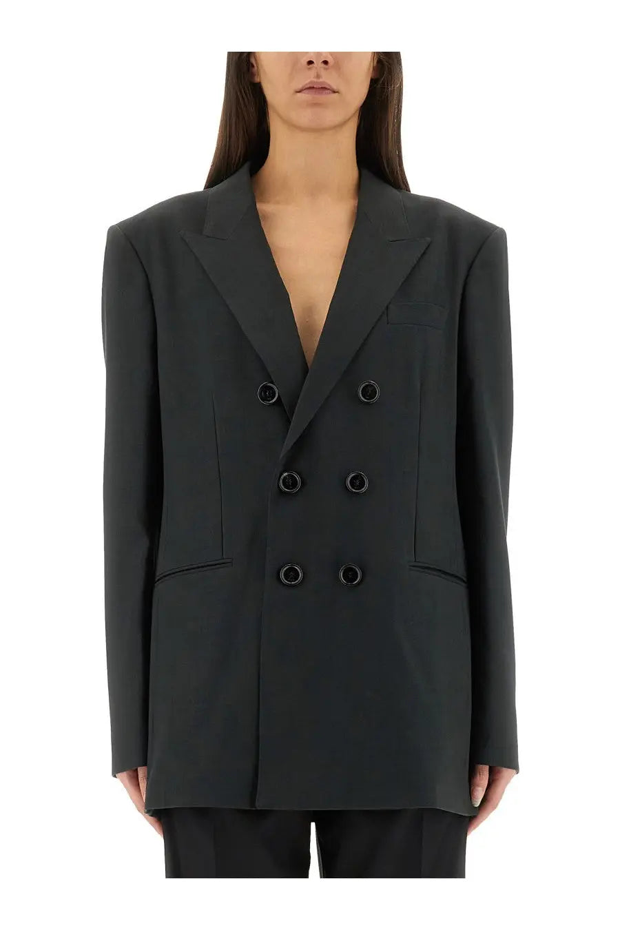 Ami Paris women’s black double-breasted blazer with structured shoulders and matte black buttons