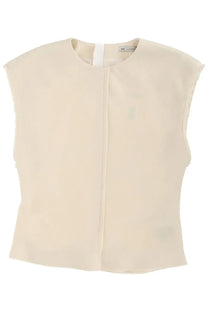 Ami Paris women’s cream-colored sleeveless top with subtle vertical seam and softly draped fabric in white