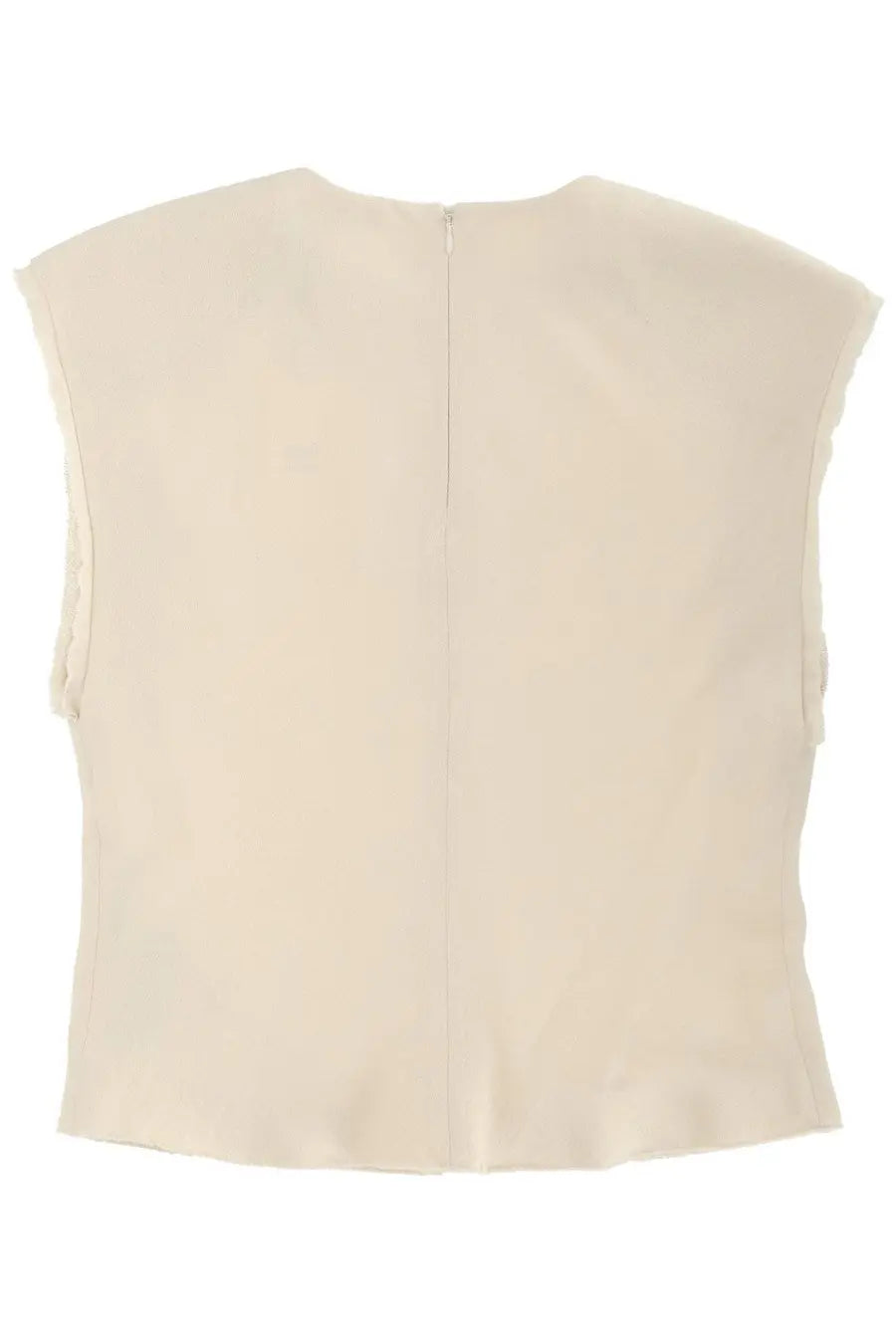 Ami Paris women’s cream-colored sleeveless top with central zipper and frayed edge detailing