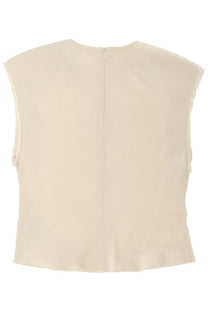 Ami Paris women’s cream-colored sleeveless top with central zipper and frayed edge detailing