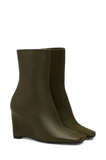 Ami Paris women’s olive green leather ankle boots with sleek wedge heel and square toe