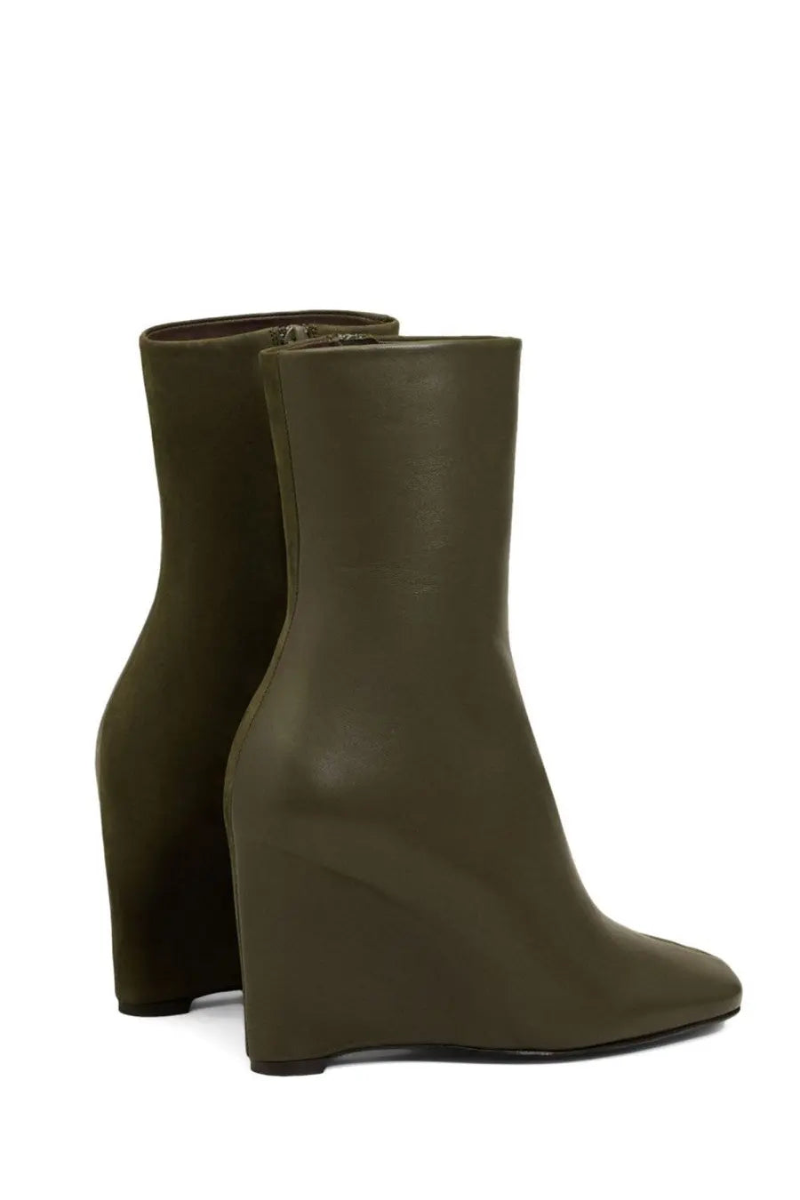 Ami Paris women’s olive green leather wedge ankle boots with sleek minimalist design and sturdy heel
