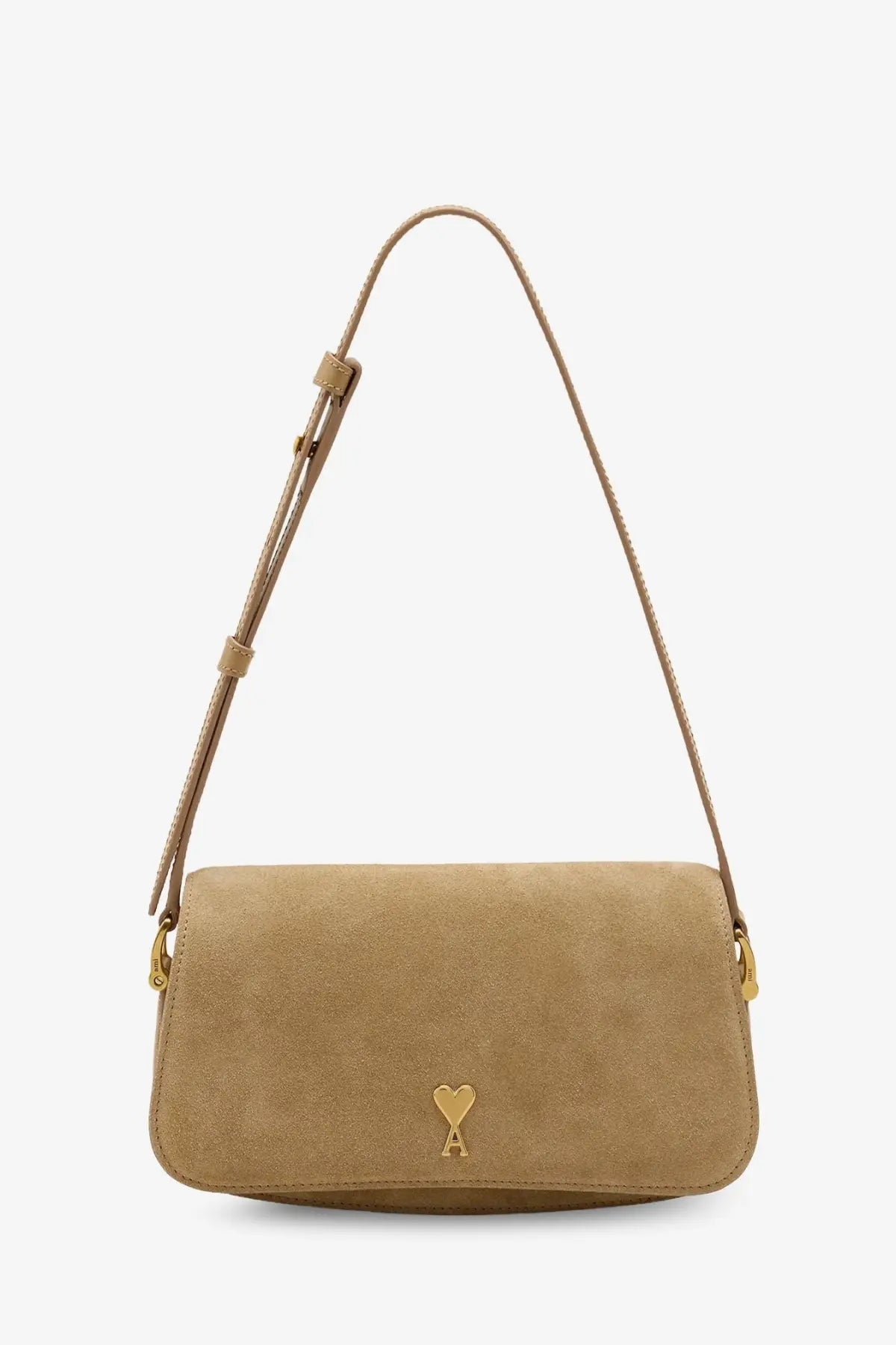 Ami Paris women’s tan suede shoulder bag miel with gold-tone heart-shaped logo and matching adjustable strap