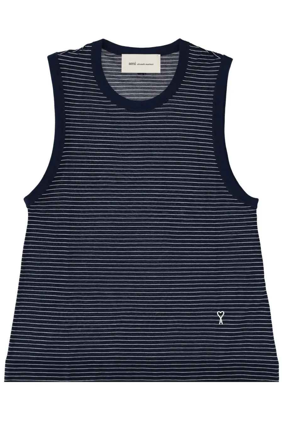Ami Paris women’s navy blue and white striped sleeveless tank top with a small embroidered heart logo on the front