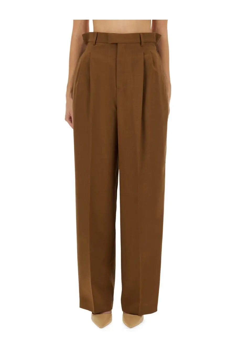 Ami Paris women’s brown wool high-waisted pleated trousers with a tailored fit front view