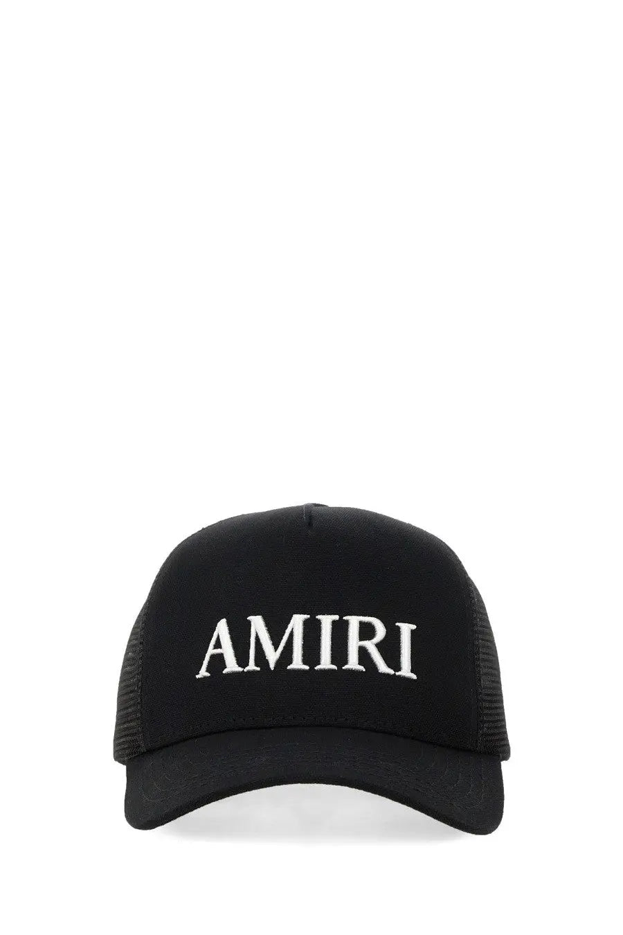 Black amiri men’s trucker hat with white embroidered logo designed as a cappello da baseball con black