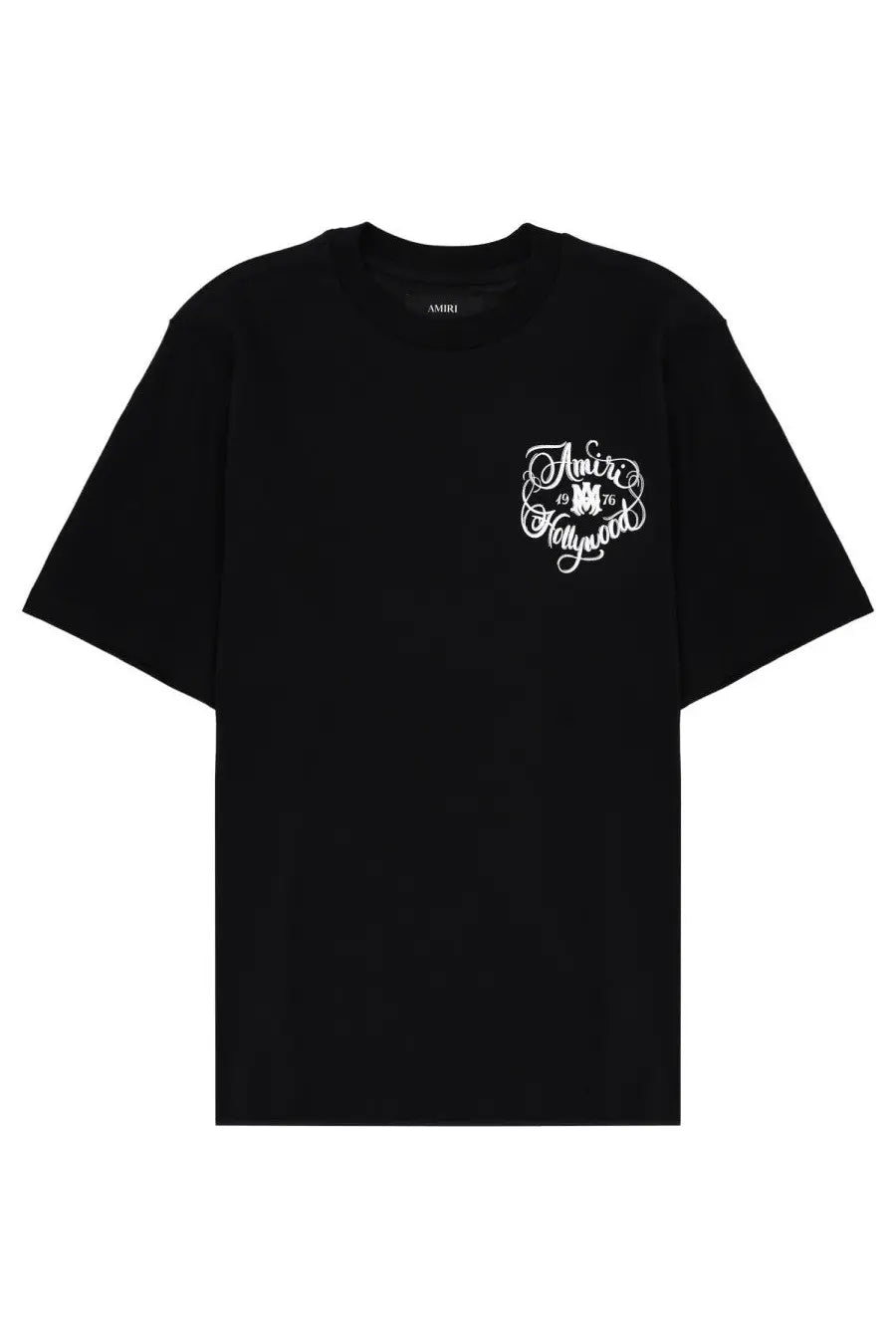 Black amiri men’s hollywood t-shirt with white amir 76 hollywood script logo on the chest